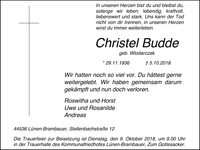  Traueranzeige für Christel Budde vom 06.10.2018 aus Ruhr Nachrichten