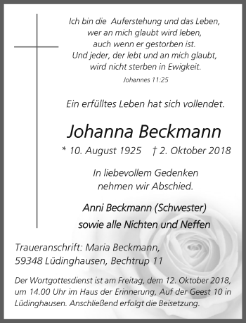 Traueranzeige von Johanna Beckmann von Münstersche Zeitung und Münsterland Zeitung