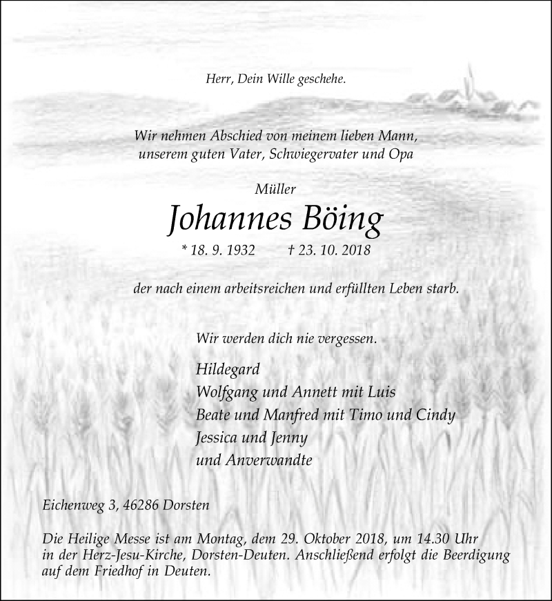  Traueranzeige für Johannes Böing vom 25.10.2018 aus Ruhr Nachrichten und Dorstener Zeitung