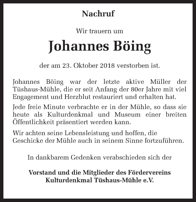  Traueranzeige für Johannes Böing vom 27.10.2018 aus Ruhr Nachrichten und Dorstener Zeitung