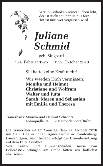 Traueranzeige von Juliane Schmid von Ruhr Nachrichten