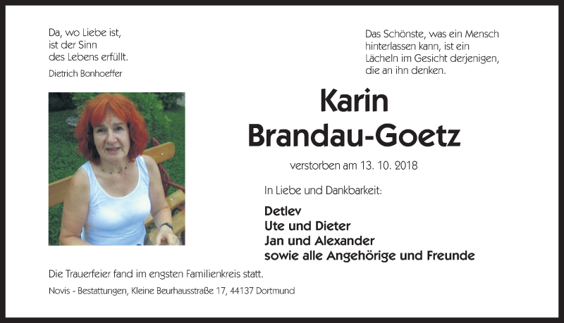  Traueranzeige für Karin Brandau-Goetz vom 27.10.2018 aus Ruhr Nachrichten