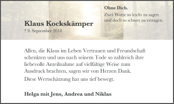 Traueranzeige von Klaus Kockskämper von Ruhr Nachrichten