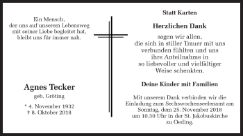 Traueranzeige von Agnes Tecker von Münstersche Zeitung und Münsterland Zeitung