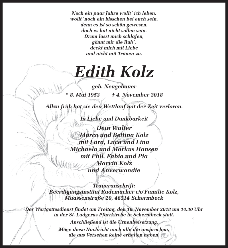  Traueranzeige für Edith Kolz vom 08.11.2018 aus Ruhr Nachrichten und Dorstener Zeitung