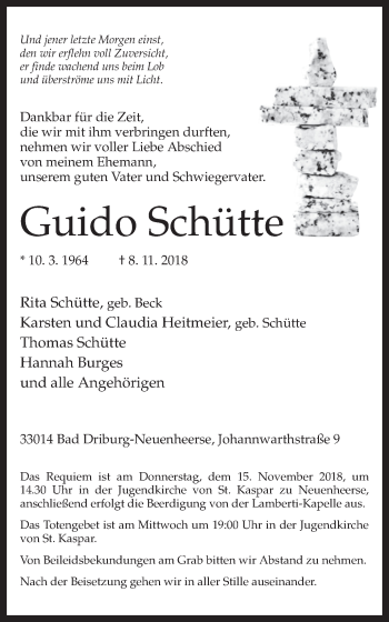 Traueranzeige von Guido Schütte von Münstersche Zeitung und Münsterland Zeitung