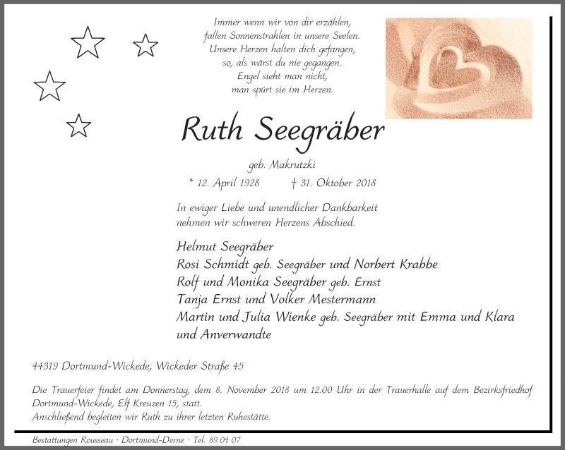 Traueranzeige für Ruth Seegräber vom 03.11.2018 aus Ruhr Nachrichten