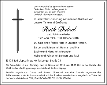 Traueranzeige von Ruth Dubiel von Ruhr Nachrichten