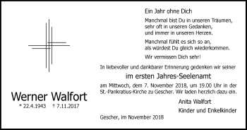 Traueranzeige von Werner Walfort von Münstersche Zeitung und Münsterland Zeitung