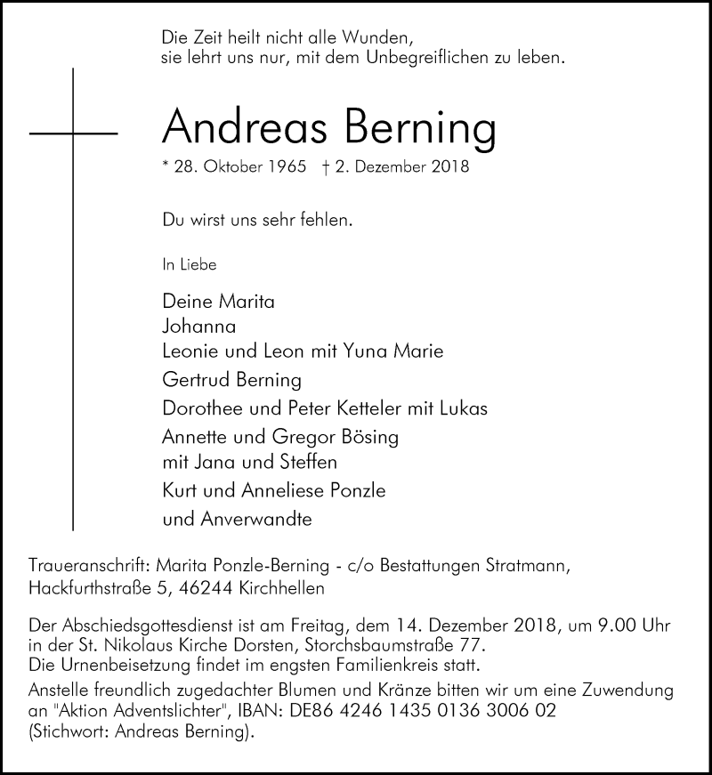  Traueranzeige für Andreas Berning vom 08.12.2018 aus Ruhr Nachrichten und Dorstener Zeitung