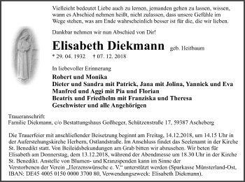 Traueranzeige von Elisabeth Diekmann von Ruhr Nachrichten