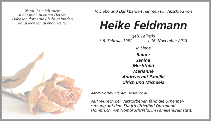  Traueranzeige für Heike Feldmann vom 01.12.2018 aus Ruhr Nachrichten