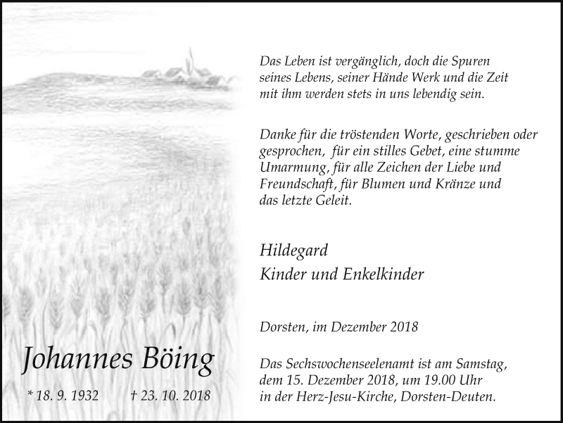  Traueranzeige für Johannes Böing vom 12.12.2018 aus Ruhr Nachrichten und Dorstener Zeitung