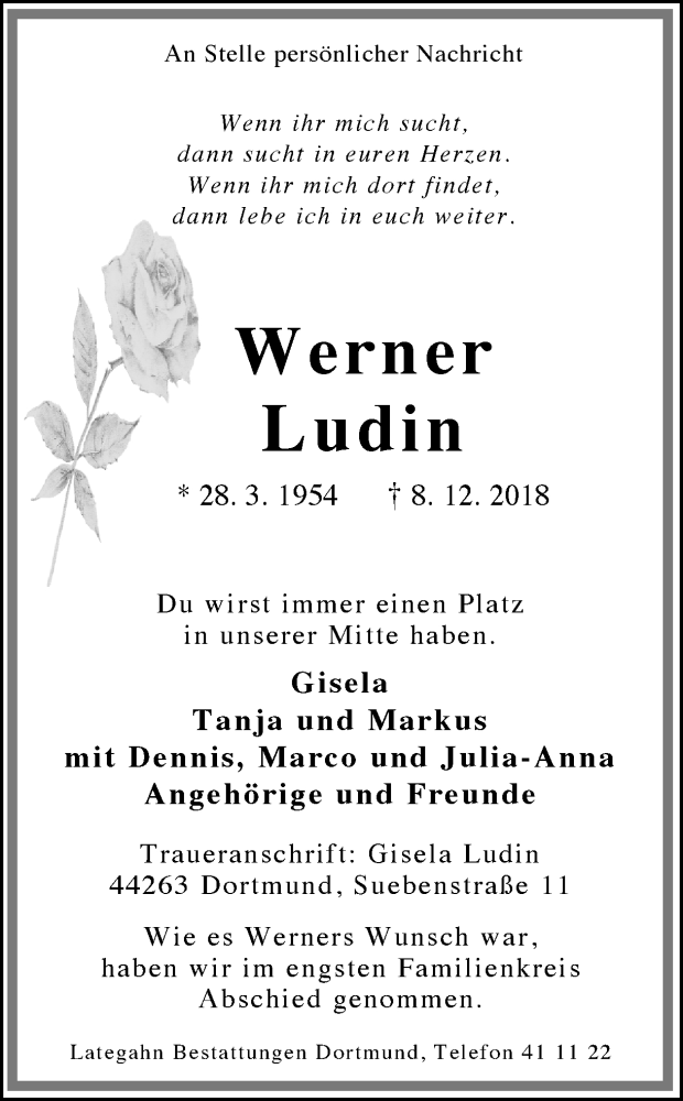  Traueranzeige für Werner Ludin vom 22.12.2018 aus Ruhr Nachrichten