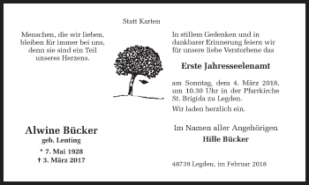 Traueranzeige von Alwine Bücker von Münstersche Zeitung und Münsterland Zeitung