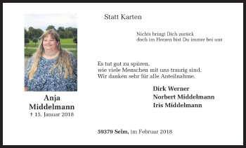 Traueranzeige von Anja Middelmann von Ruhr Nachrichten