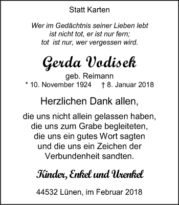 Traueranzeige von Gerda Vodisek von Ruhr Nachrichten