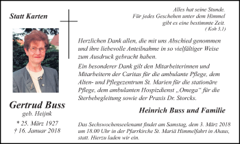 Traueranzeige von Gertrud Buss von Münstersche Zeitung und Münsterland Zeitung