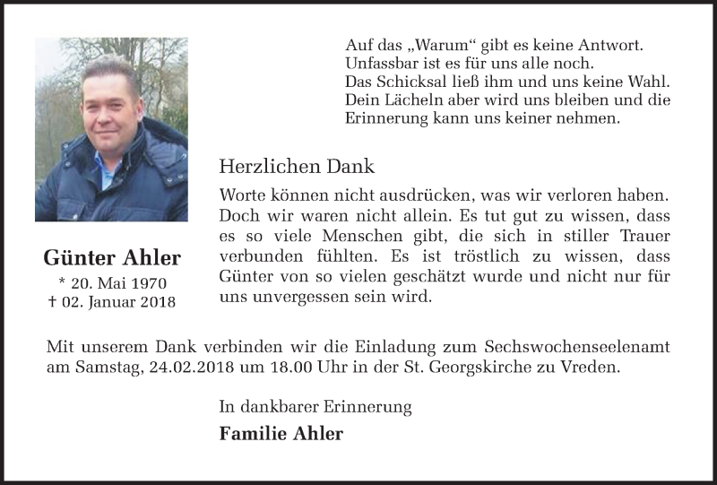  Traueranzeige für Günter Ahler vom 21.02.2018 aus Münstersche Zeitung und Münsterland Zeitung