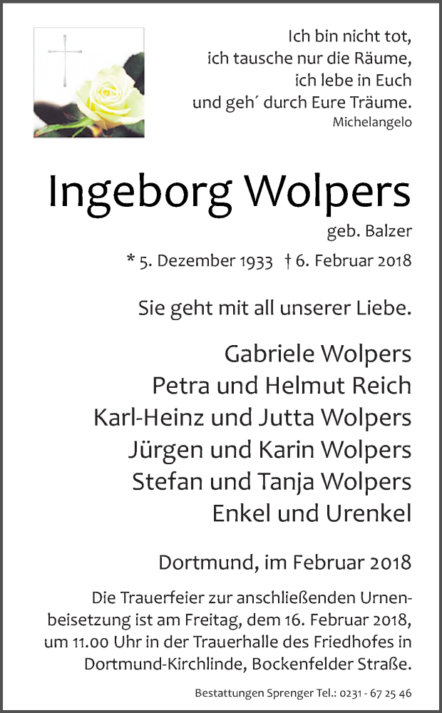  Traueranzeige für Ingeborg Wolpers vom 10.02.2018 aus Ruhr Nachrichten