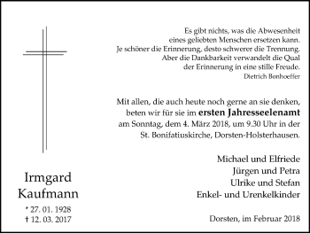 Traueranzeige von Irmgard Kaufmann von Ruhr Nachrichten und Dorstener Zeitung