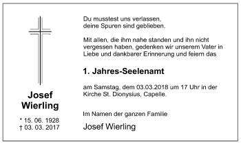Traueranzeige von Josef Wierling von Ruhr Nachrichten