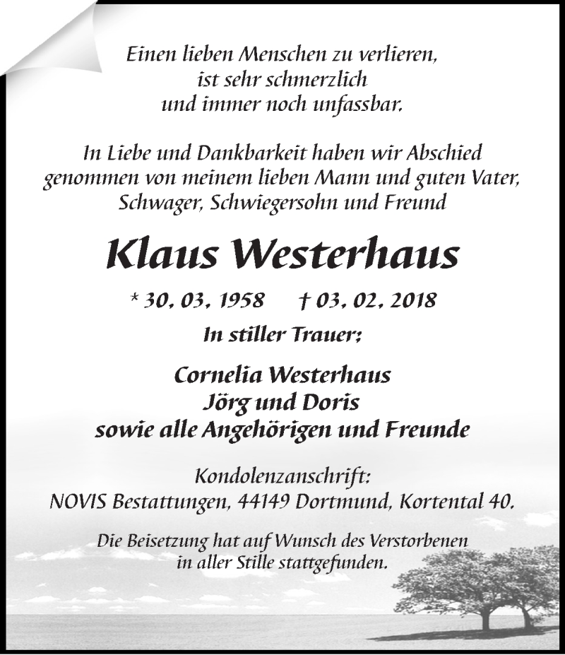  Traueranzeige für Klaus Westerhaus vom 17.02.2018 aus Ruhr Nachrichten