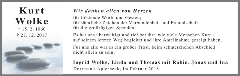  Traueranzeige für Kurt Wolke vom 17.02.2018 aus Ruhr Nachrichten