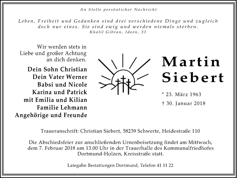  Traueranzeige für Martin Siebert vom 03.02.2018 aus Ruhr Nachrichten