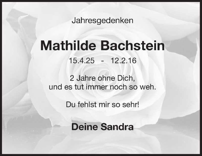  Traueranzeige für Mathilde Bachstein vom 12.02.2018 aus Ruhr Nachrichten