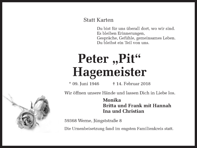  Traueranzeige für Peter Hagemeister vom 27.02.2018 aus Ruhr Nachrichten