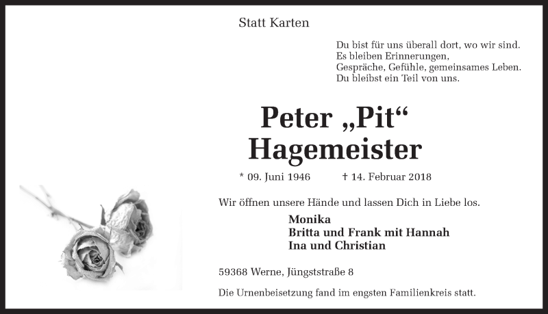  Traueranzeige für Peter Hagemeister vom 27.02.2018 aus Ruhr Nachrichten