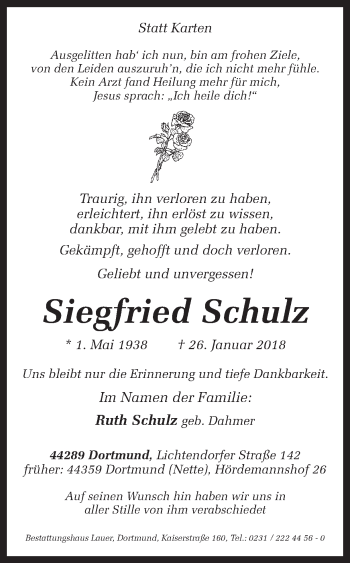 Traueranzeige von Siegfried Schulz von Ruhr Nachrichten