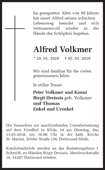 Traueranzeige von Alfred Volkmer von Ruhr Nachrichten