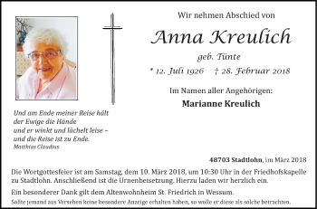 Traueranzeige von Anna Kreulich von Münstersche Zeitung und Münsterland Zeitung