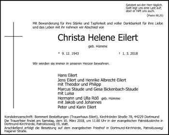Traueranzeige von Christa Helene Eilert von Ruhr Nachrichten
