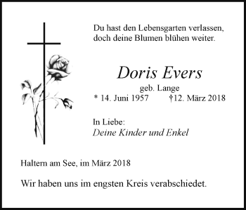 Traueranzeige von Doris Evers von Ruhr Nachrichten und Halterner Zeitung