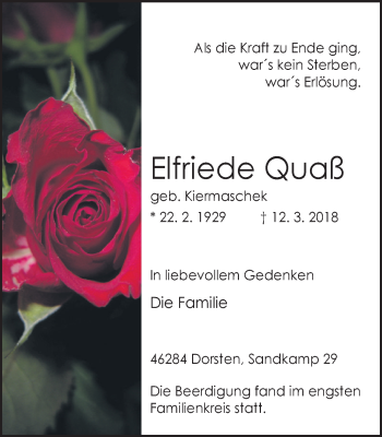 Traueranzeige von Elfriede Quaß von Ruhr Nachrichten und Dorstener Zeitung