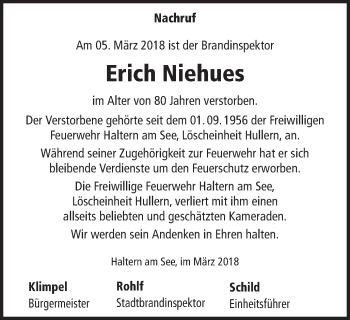 Traueranzeige von Erich Niehues von Ruhr Nachrichten und Halterner Zeitung