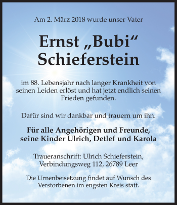 Traueranzeige von Ernst Schieferstein von Ruhr Nachrichten