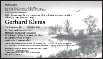 Traueranzeige von Gerhard Klems von Ruhr Nachrichten