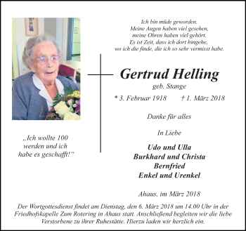 Traueranzeige von Gertrud Helling von Münstersche Zeitung und Münsterland Zeitung