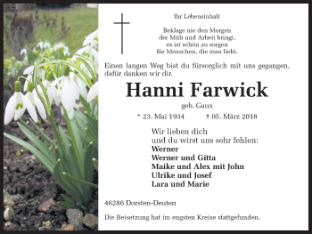 Traueranzeige von Hanni Farwick von Ruhr Nachrichten und Dorstener Zeitung