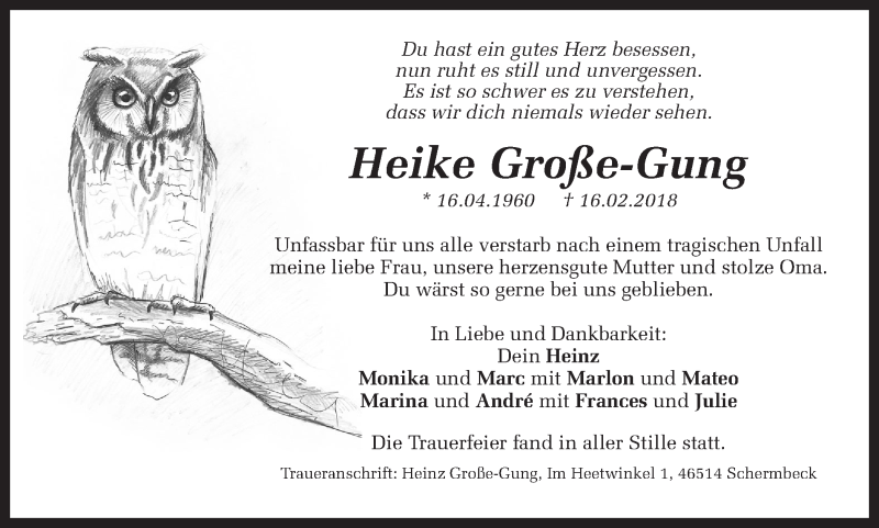  Traueranzeige für Heike Große-Gung vom 08.03.2018 aus Ruhr Nachrichten und Dorstener Zeitung
