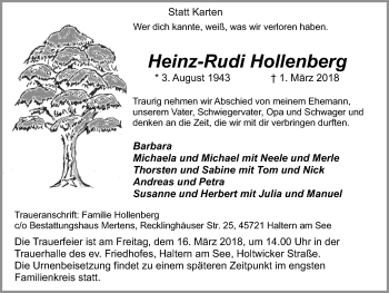 Traueranzeige von Heinz-Rudi Hollenberg von Ruhr Nachrichten und Halterner Zeitung