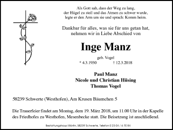 Traueranzeige von Inge Manz von Ruhr Nachrichten