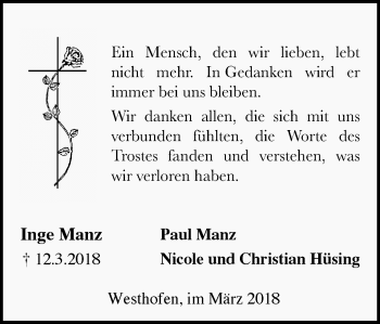 Traueranzeige von Inge Manz von Ruhr Nachrichten