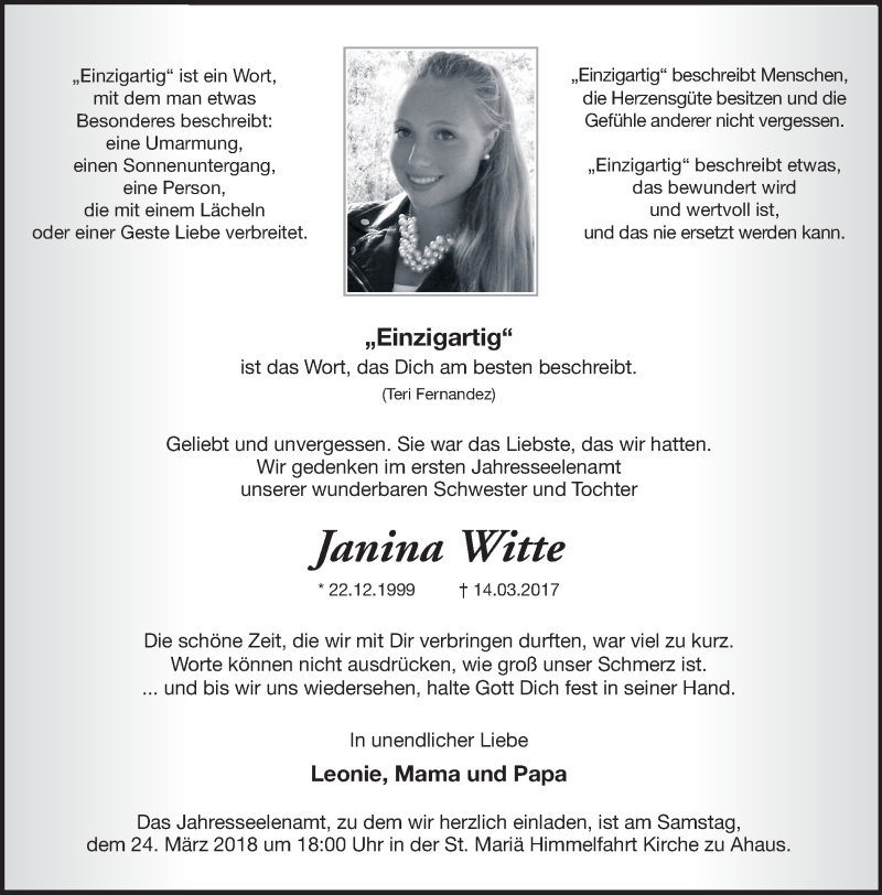  Traueranzeige für Janina Witte vom 14.03.2018 aus Münstersche Zeitung und Münsterland Zeitung