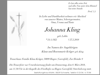 Traueranzeige von Johanna Kling von Ruhr Nachrichten