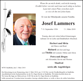 Traueranzeige von Josef Lammers von Münstersche Zeitung und Münsterland Zeitung